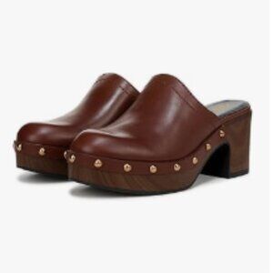 YDN Brown Rounded Toe Studded Clogs Mules Platform Slip On Block Mid Heel Sandal